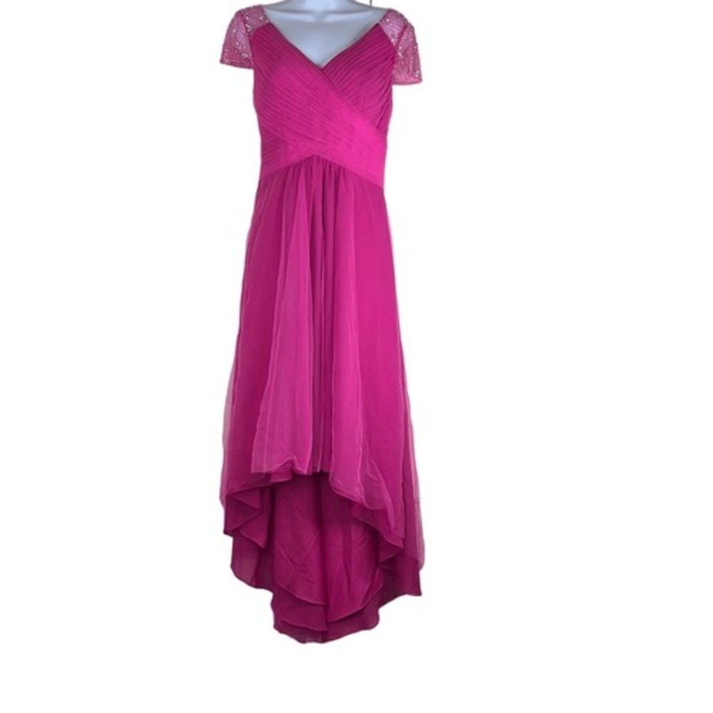 JJs House Hot Pink Formal Ballgown Dress Hi Low Beaded Cap Sleeves Barbie Prom